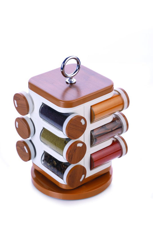 GANESH Multipurpose Revolving Round Shape Plastic Spice Jars containers For Kitchen Organizer Items, Spices Storage Jar/ Masala Box/ Spice Rack/ Condiment Masala Rack Container Set ( 12 Pieces, Wooden Finish)