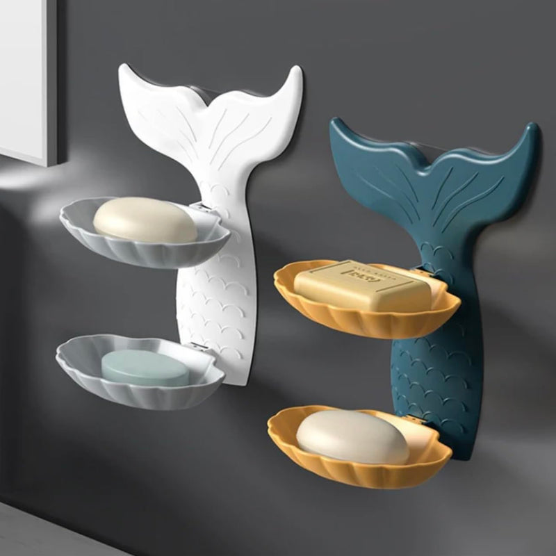 Mermaid Double Layer Soap Tray, Self Adhesive Mermaid Shape Soap Stand for Bathroom Soap Holder