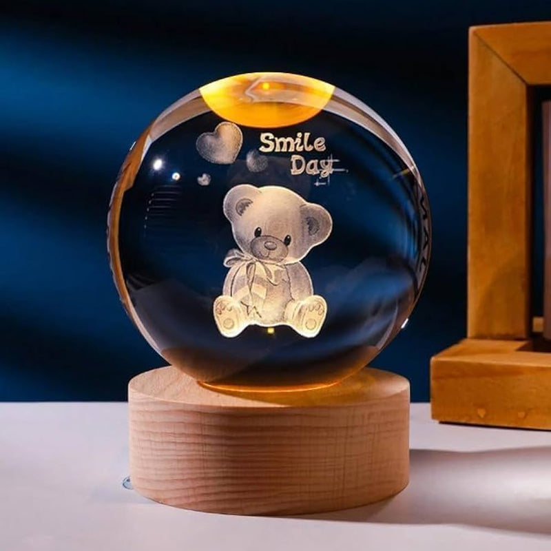 Teddy Bear 3D Crystal Smile Day Lamp – USB Powered, Engraved Crystal Ball LED Night Light with Wooden Base Ideal for Home & Office Décor, Birthday Gift for Adults (Warm White) (Smile Day Taddy)