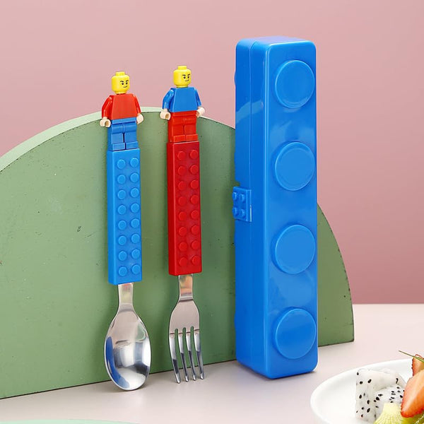 Building Blocks Theme Baby Feeding Stainless Steel Spoon & Fork Set for Kids Tableware Cutlery Suitable for Kids Picnic School Lunch Box (Legoo Cutlery Set)