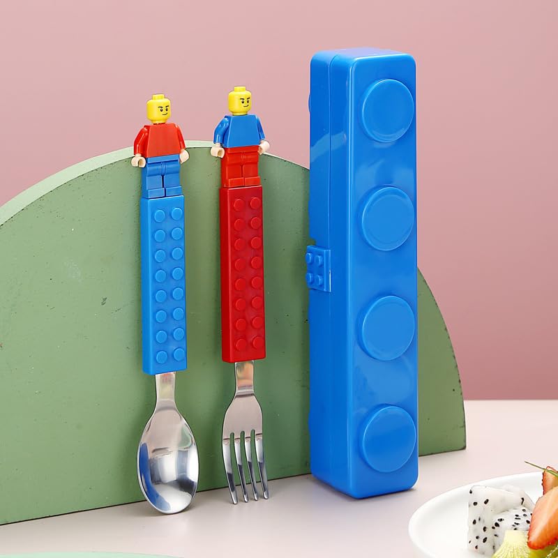 Building Blocks Theme Baby Feeding Stainless Steel Spoon & Fork Set for Kids Tableware Cutlery Suitable for Kids Picnic School Lunch Box (Legoo Cutlery Set)