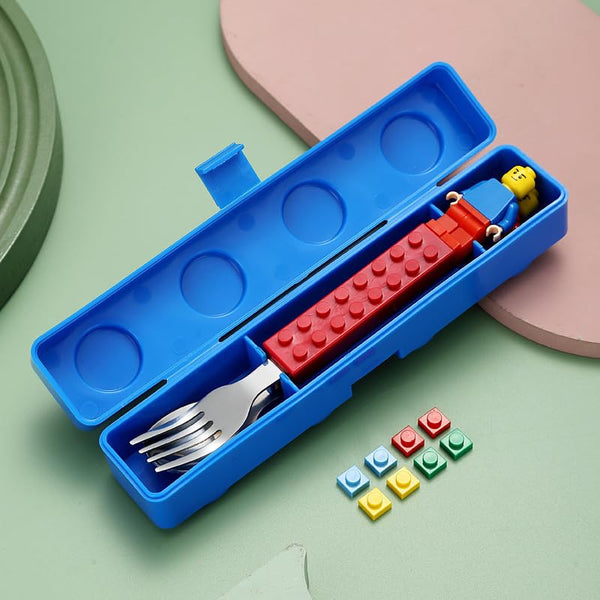 Building Blocks Theme Baby Feeding Stainless Steel Spoon & Fork Set for Kids Tableware Cutlery Suitable for Kids Picnic School Lunch Box (Legoo Cutlery Set)