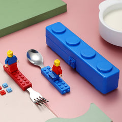 Building Blocks Theme Baby Feeding Stainless Steel Spoon & Fork Set for Kids Tableware Cutlery Suitable for Kids Picnic School Lunch Box (Legoo Cutlery Set)