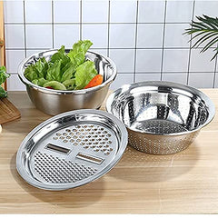 Stainless Steel Mirror Finish 3-in-1 Multipurpose Drain Basket- Grater- Basin Bowl; Vegetable Slicer For Kitchen Cutting|for Fruits And Other Items|Outer Diameter- 26 Cm,Silver