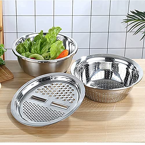 Stainless Steel Mirror Finish 3-in-1 Multipurpose Drain Basket- Grater- Basin Bowl; Vegetable Slicer For Kitchen Cutting|for Fruits And Other Items|Outer Diameter- 26 Cm,Silver