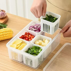 6-in-1 Grid Fridge Storage Containers Fridge Organizer Container & Lid, Stackable Box, Space Saving Plastic Containers for Chopped Vegetables, Fruits