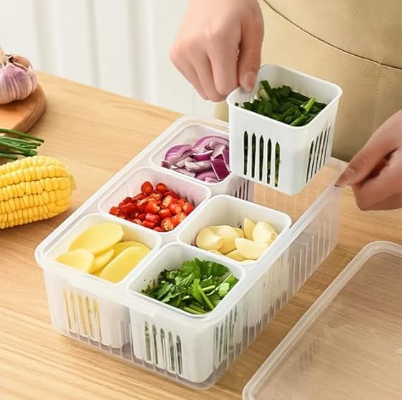 6-in-1 Grid Fridge Storage Containers Fridge Organizer Container & Lid, Stackable Box, Space Saving Plastic Containers for Chopped Vegetables, Fruits