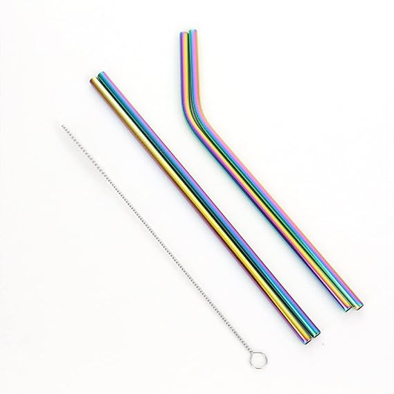 Multi-Color Stainless Steel Straws with Cleaning Brush Bent/Straight Reusable Metal Straws