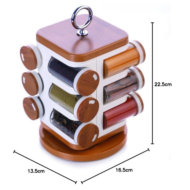 GANESH Multipurpose Revolving Round Shape Plastic Spice Jars containers For Kitchen Organizer Items, Spices Storage Jar/ Masala Box/ Spice Rack/ Condiment Masala Rack Container Set ( 12 Pieces, Wooden Finish)