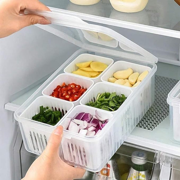 6-in-1 Grid Fridge Storage Containers Fridge Organizer Container & Lid, Stackable Box, Space Saving Plastic Containers for Chopped Vegetables, Fruits