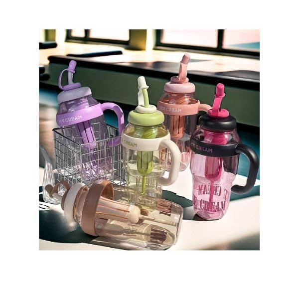 Insulated Ice Cream Water Bottle with Straw – 1300ml Large Capacity | Cute & Stylish Plastic Tumbler with Handle | Leak-Proof & Reusable Travel Cup for Kids & Adults (Multicolor)(Pack of 1)