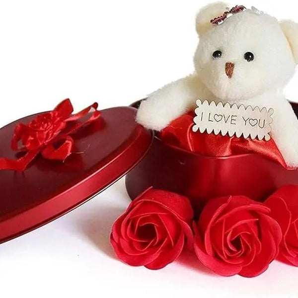 Heart Shape Love Gift Box with Teddy & Rose - Gift for Girlfriend, Boyfriend, Wife, Fiance, Husband - Birthday Anniversary Special Couples -Valentine Day Decoration Items