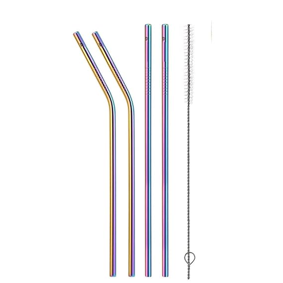 Multi-Color Stainless Steel Straws with Cleaning Brush Bent/Straight Reusable Metal Straws