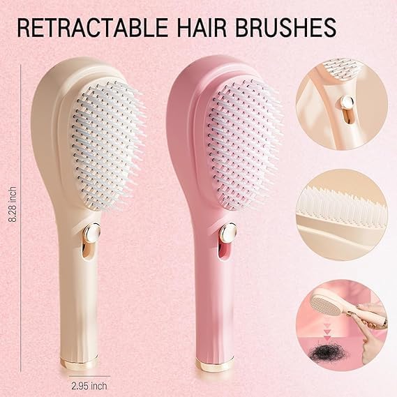 Lady Hair Brush with Self-Cleaning Bristles - Ergonomic Handle, Anti-Static, Telescopic Design for All Hair Types and Wigs, One-Click...
