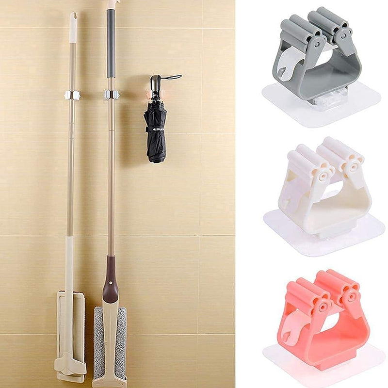 Plastic Mop Holder Wall Mounted Self Adhesive Broom Stick Holder, Anti-Slip Broom Organizer, Multifunction Mop & Broom Stand for Kitchen, Bathroom, Home (Multicolor)