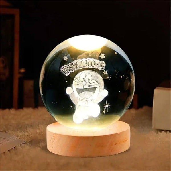 3d Galaxy Doremon Crystal Lamps Crystal Ball Night Light with Wooden Base, 60mm Glass Sphere Decorative Table Lamp