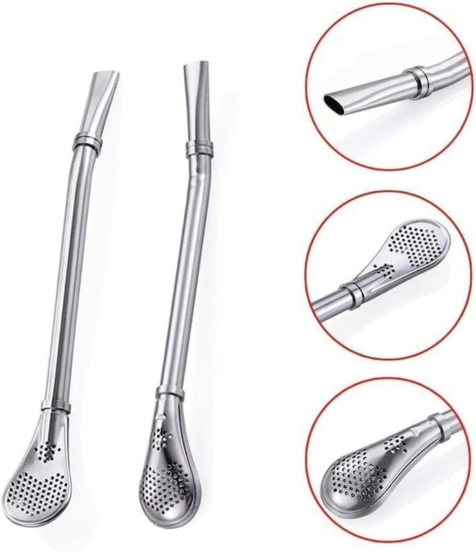 2 in 1 Drinking Straws with Filter Spoon, Stainless Steel Reusable, Leaf Tea Coffee Stirrer Stick, Cocktail Strainer Pipe Stirring Spoon Straws, Filter Spoon