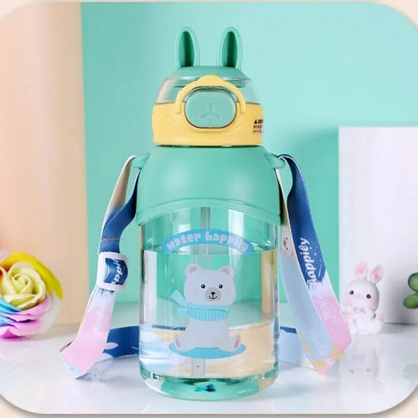 Plastic Water Bottle Pulse cartoon print Bunny ears BPA Free Straw water bottle for girls, boys and kids 650 ml Water Bottle