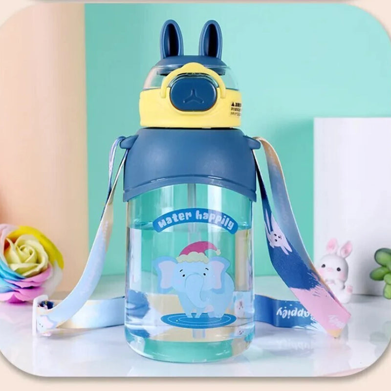 Plastic Water Bottle Pulse cartoon print Bunny ears BPA Free Straw water bottle for girls, boys and kids 650 ml Water Bottle