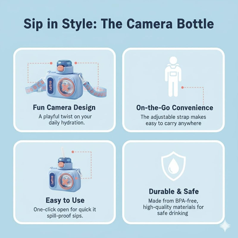 Camera Bottle Plastic Retro Kids Water Bottle, Capacity: 600ml