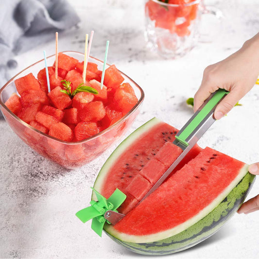 1PC Watermelon Slicer Stainless Steel Windmill Cutter | Fruit Carving Knife Tool for Quick Cube Cutting | Mess-Free, Kid-Safe Melon Slicer for Kitchen, Picnic & Summer Snacking (Green)