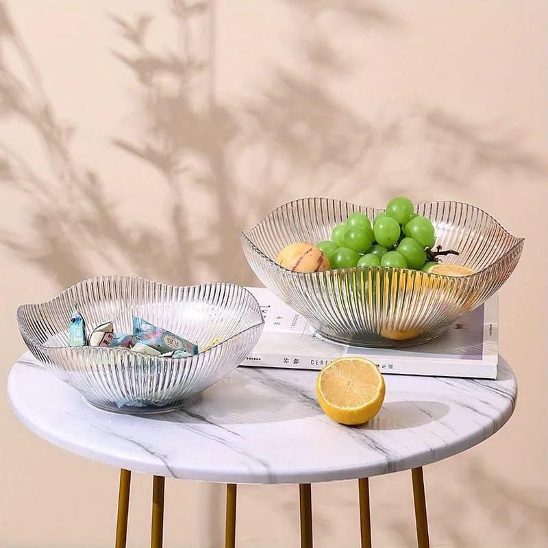 Fruit Storage Basket for Dining Table - Acrylic Transparent Ribbed Wavy Edge Serving Bowl for Salad, Fruits & Snacks, Multipurpose Heavy Fruit Baskets for Home Kitchen & Restaurant