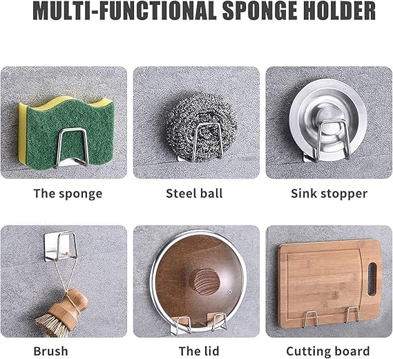 Stainless Steel Self Adhesive Sponge Holder for Kitchen Sink,Waterproof Sticky Hook, Scrubber Hanger Caddy Rustproof Drainage Basket with Strong Suction Cups(pack of2)