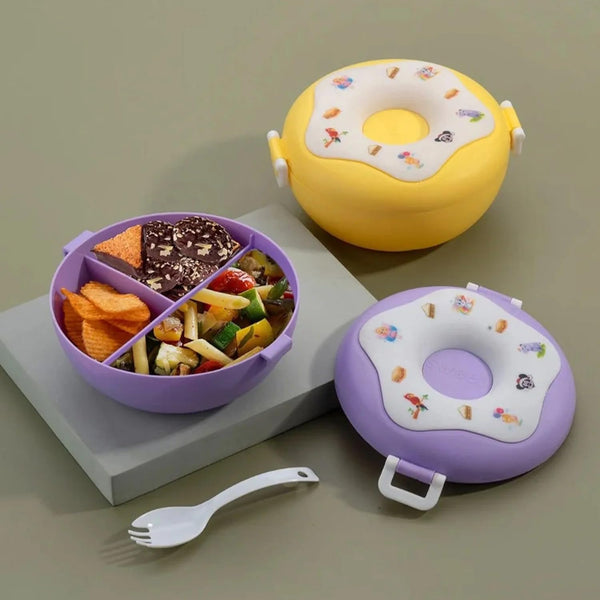 Donut Shaped Double Insulated 3 Compartment Plastic Lunch Box (1 Pc / Mix Color)