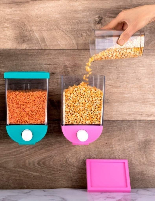 Wall-Mounted Push Button Storage Container – Airtight & Moistureproof Plastic Dispenser for Grains, Rice, Pulses, Cereal, and Dry Food Organization-1100ml