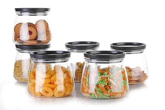Airtight Container Jar 900ml Set of 6 for Kitchen | Kitchen Organizer Container Set Items| Jar Set for Kitchen| Air Tight Containers for Kitchen Storage (Black)