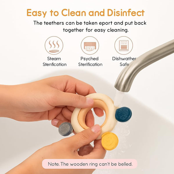 Silicone & Wood Baby Teether – BPA-Free Teething Toy for 3+ Months Baby, Soothing Sensory Toy for Infants, Ideal Gift for Newborns Silicone Rudder with Wooden Ring Soothe Babies Gums