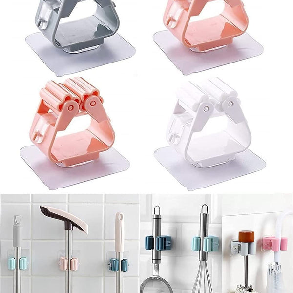 Plastic Mop Holder Wall Mounted Self Adhesive Broom Stick Holder, Anti-Slip Broom Organizer, Multifunction Mop & Broom Stand for Kitchen, Bathroom, Home (Multicolor)