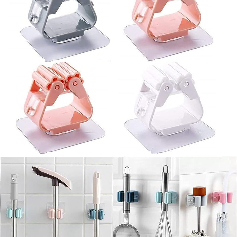 Plastic Mop Holder Wall Mounted Self Adhesive Broom Stick Holder, Anti-Slip Broom Organizer, Multifunction Mop & Broom Stand for Kitchen, Bathroom, Home (Multicolor)