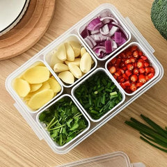 6-in-1 Grid Fridge Storage Containers Fridge Organizer Container & Lid, Stackable Box, Space Saving Plastic Containers for Chopped Vegetables, Fruits