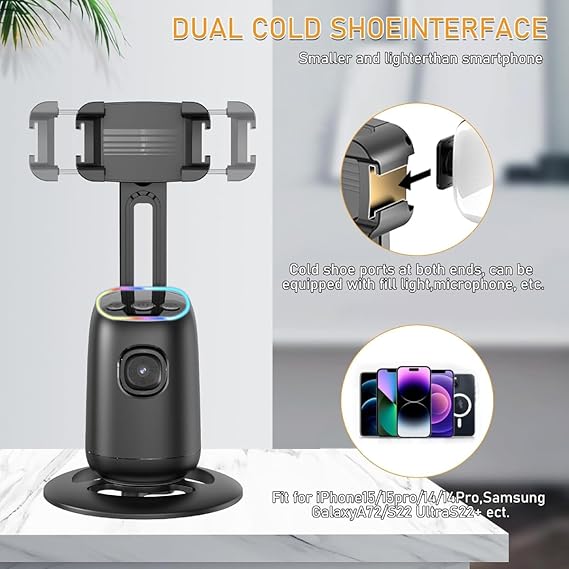 Auto Face Tracking Phone Holder 360° Smart Gimbal Stabilizer With Adjustable Lens & Colorful Lights For Smartphone Vlog Live Chat And Selfies AI Gesture Control Mobile Stand Tripod Stand