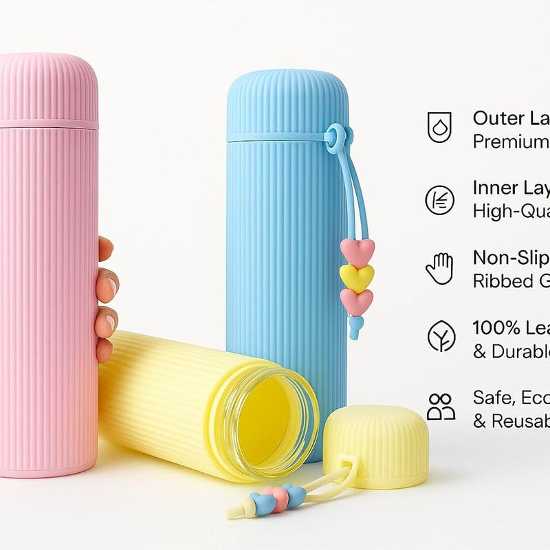 Ribbed Non-Slip Grip Water Bottle with Heart Charms – 500ml (Blue)