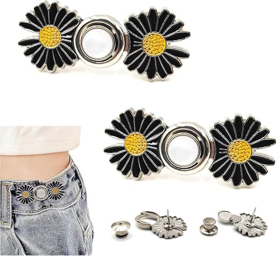 Adjustable Waist Buckle Set, Extra Button for Jeans to Make Tighter, Instant Jeans Button Pins for Pants Jeans Skirts, (2-Pair)(Black)