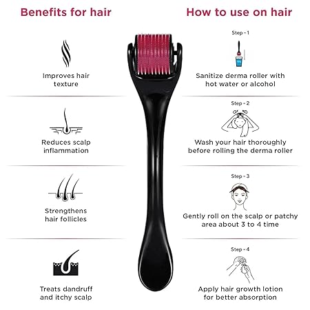 Derma Roller For Hair And Beard Regrowth 540 Micro 0.5MM Titanium Alloy Needles Reduces Hair Fall & Stimulates Hair Follicles, Safe and Effective Easy to use | Skin Care Men and Women