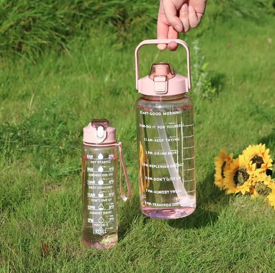 Water Bottle Set of 3 2000 ml Bottle With Drinking Glass  (Pack of 1, Multicolor, Silicone, Plastic) Leak proof 3PCS