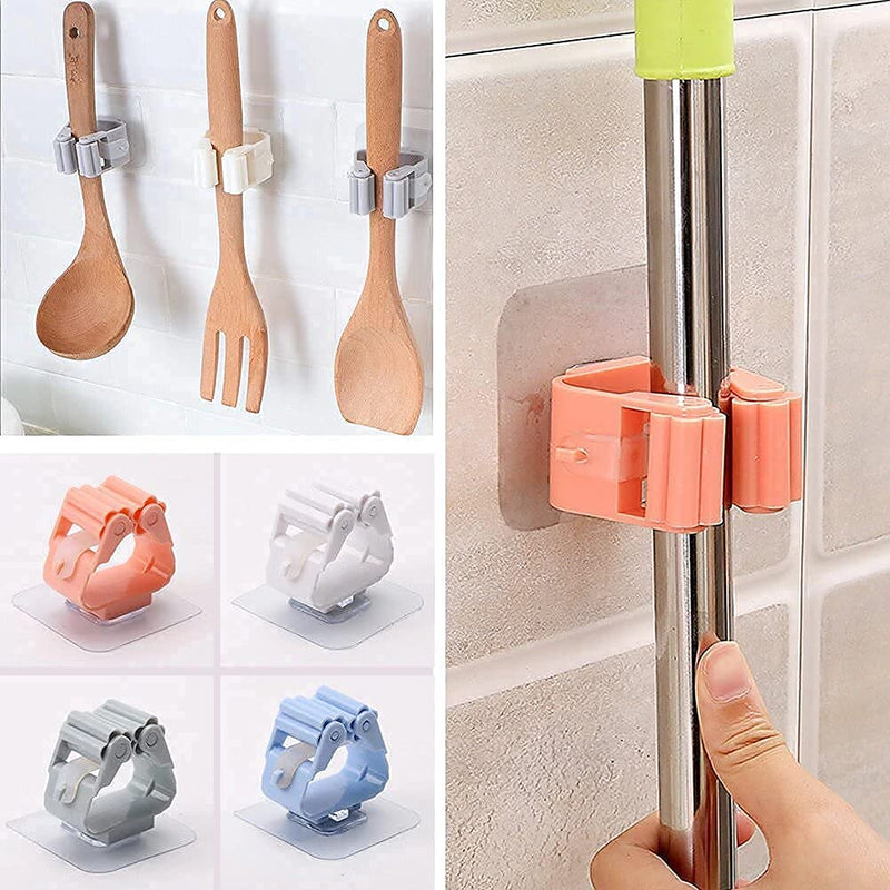 Plastic Mop Holder Wall Mounted Self Adhesive Broom Stick Holder, Anti-Slip Broom Organizer, Multifunction Mop & Broom Stand for Kitchen, Bathroom, Home (Multicolor)