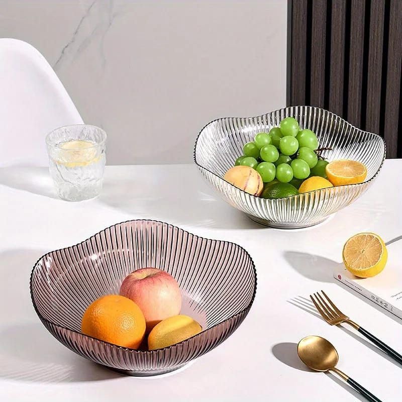 Fruit Storage Basket for Dining Table - Acrylic Transparent Ribbed Wavy Edge Serving Bowl for Salad, Fruits & Snacks, Multipurpose Heavy Fruit Baskets for Home Kitchen & Restaurant