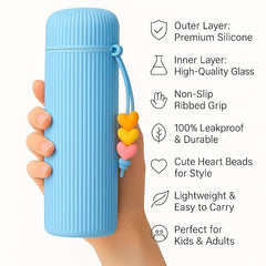 Ribbed Non-Slip Grip Water Bottle with Heart Charms – 500ml (Blue)