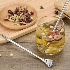 2 in 1 Drinking Straws with Filter Spoon, Stainless Steel Reusable, Leaf Tea Coffee Stirrer Stick, Cocktail Strainer Pipe Stirring Spoon Straws, Filter Spoon