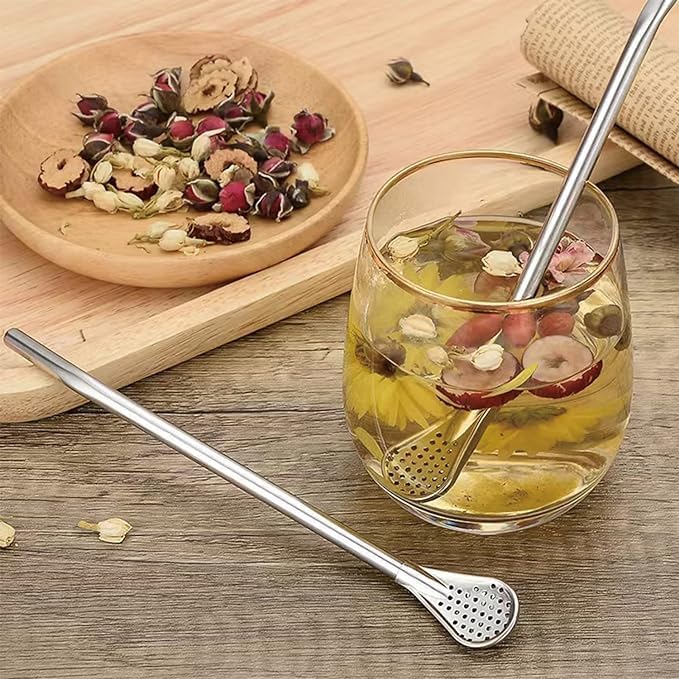 2 in 1 Drinking Straws with Filter Spoon, Stainless Steel Reusable, Leaf Tea Coffee Stirrer Stick, Cocktail Strainer Pipe Stirring Spoon Straws, Filter Spoon