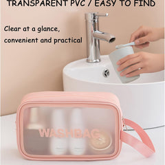 Wash Bag Pouch for Travel Kit Toiletry Bag Cosmetic Bag Make Up Box for Brushes, Accessories with Handle, Large Capacity Translucent Waterproof Travel Storage Organizer Set of 3 (Pink)