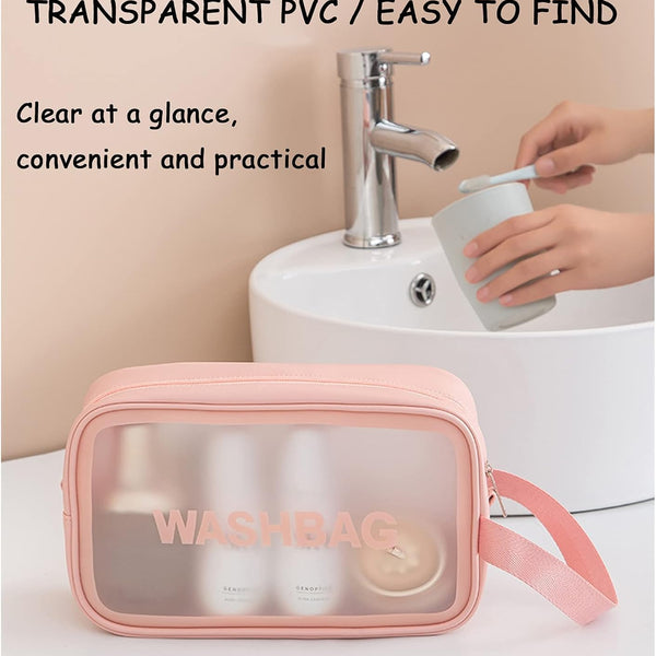 Wash Bag Pouch for Travel Kit Toiletry Bag Cosmetic Bag Make Up Box for Brushes, Accessories with Handle, Large Capacity Translucent Waterproof Travel Storage Organizer Set of 3 (Pink)