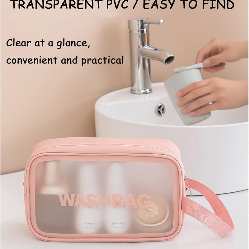 Wash Bag Pouch for Travel Kit Toiletry Bag Cosmetic Bag Make Up Box for Brushes, Accessories with Handle, Large Capacity Translucent Waterproof Travel Storage Organizer Set of 3 (Pink)
