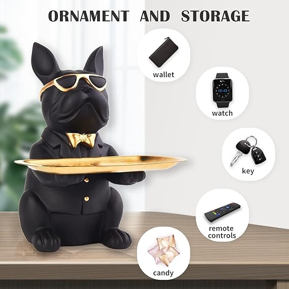 Modern Decor Resin Bulldog Tray Statue Tray Storage Key Holder Candy Jewelry Earrings Tray Suitable for Home Decor Modern Art Dining Table Decor Office Small Object Tray (Black)