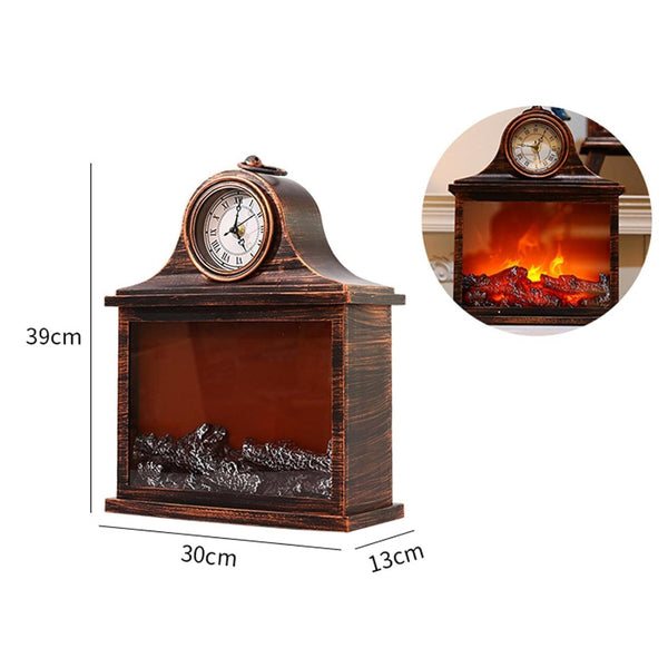 Decorative Fireplace Clock Lamp with Realistic Ember Flame Effect Antique Finish Tabletop Decor Light for Living Room TV Unit & Entryway Energy-Efficient LED Home Accent