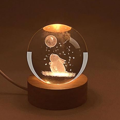 Moon Rabbit Crystal Ball Night Light,Glass Ball Night LED Lamp with USB Powered 2.36 Inch Wooden Base Colorful Crystal Ball for Gifts Men,Women,Kids,Boys,Girls (Moon Rabbit)